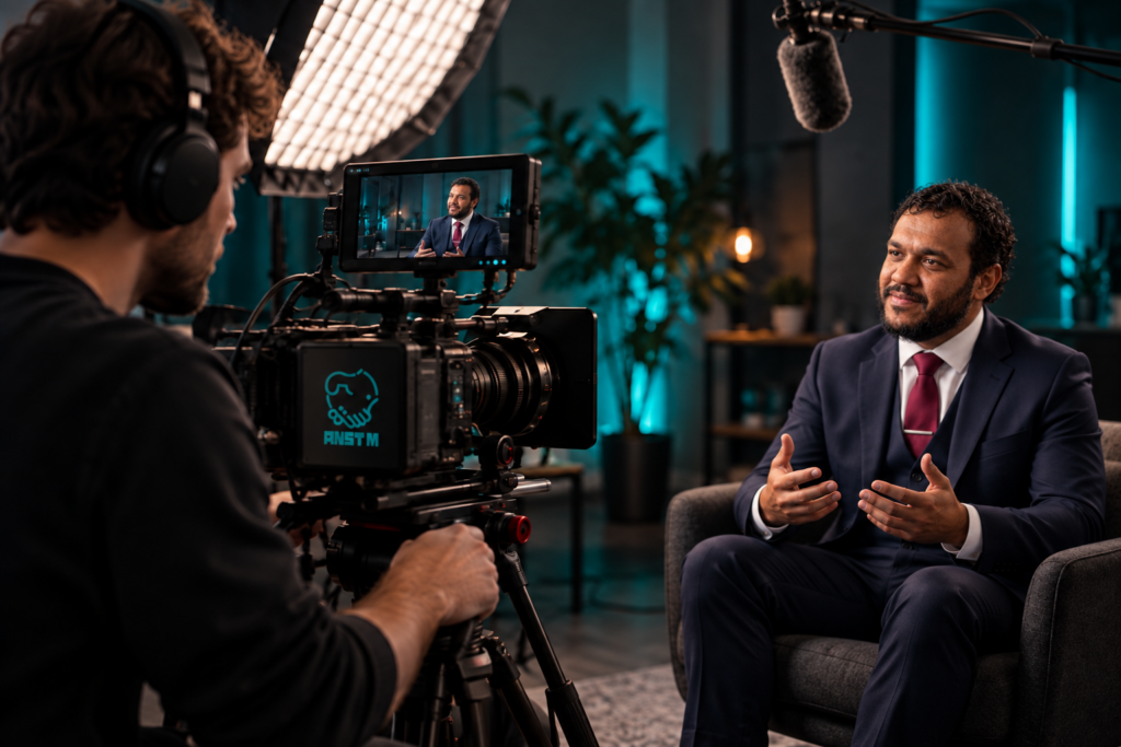 Waleed in an illustrated ANSTM video production scene